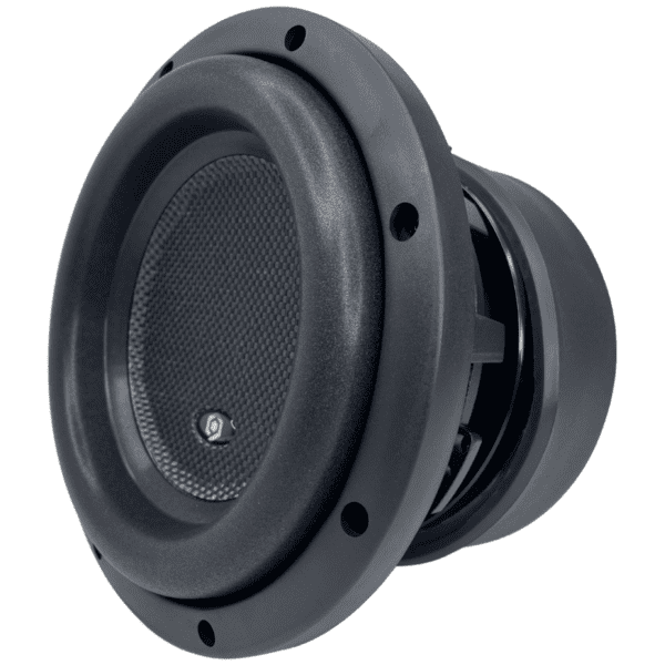 A black Soundqubed HDX 3 D2 8 Inch subwoofer on a white background.