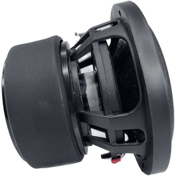 A black Soundqubed HDX 3 D4 6.5 Inch Subwoofer with a cone.