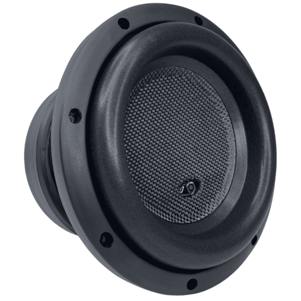 A black Soundqubed HDX 3 D2 8 Inch subwoofer on a white background.