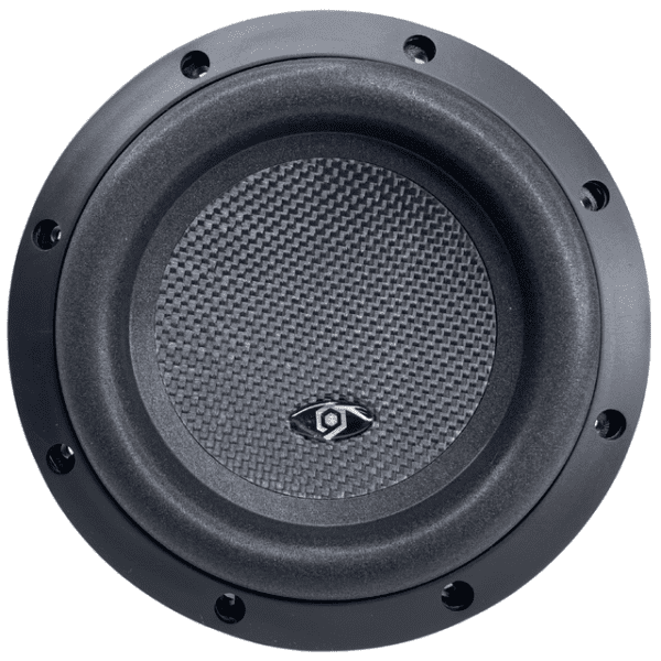 A black Soundqubed HDX 3 D4 6.5 Inch subwoofer with a metal grille.
