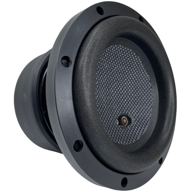 A black Soundqubed HDX 3 D4 6.5 Inch subwoofer on a white background.
