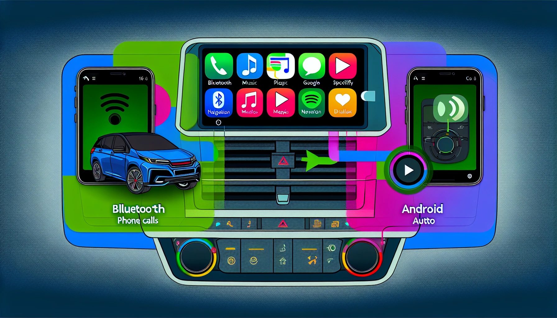 Connectivity options in car audio systems including Bluetooth, Apple CarPlay, and Android Auto