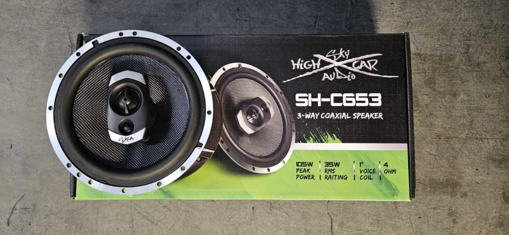 A pair of OPEN BOX- Sky High SH-C653 6.5 Inch Coaxial Speakers in a box.