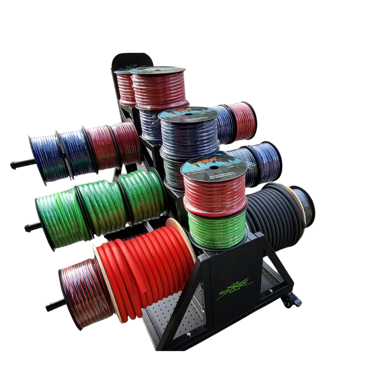 A rack full of different colored spools of spools.